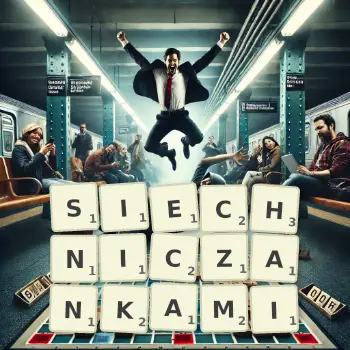 Kreatywna ilustracja do gry w Scrabble ze słowem SIECHNICZANKAMI ułożonym z płytek na planszy.