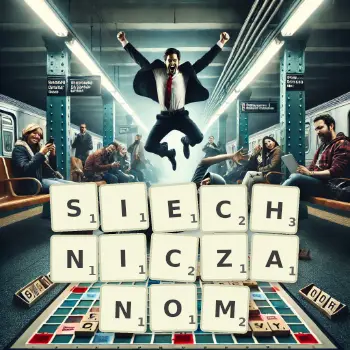 Kreatywna ilustracja do gry w Scrabble ze słowem SIECHNICZANOM ułożonym z płytek na planszy.