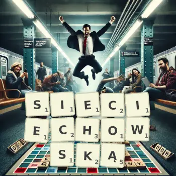 Kreatywna ilustracja do gry w Scrabble ze słowem SIECIECHOWSKĄ ułożonym z płytek na planszy.