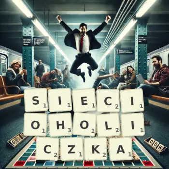 Kreatywna ilustracja do gry w Scrabble ze słowem SIECIOHOLICZKA ułożonym z płytek na planszy.