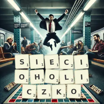 Kreatywna ilustracja do gry w Scrabble ze słowem SIECIOHOLICZKO ułożonym z płytek na planszy.