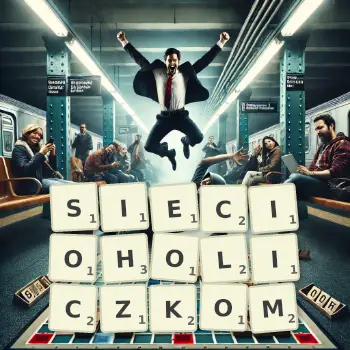 Kreatywna ilustracja do gry w Scrabble ze słowem SIECIOHOLICZKOM ułożonym z płytek na planszy.