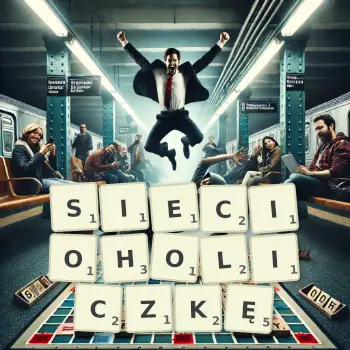 Kreatywna ilustracja do gry w Scrabble ze słowem SIECIOHOLICZKĘ ułożonym z płytek na planszy.