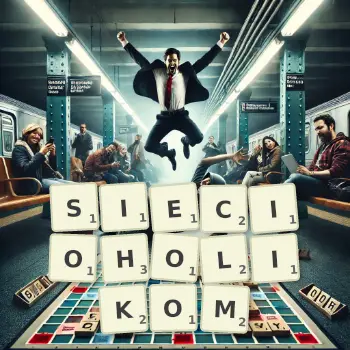 Kreatywna ilustracja do gry w Scrabble ze słowem SIECIOHOLIKOM ułożonym z płytek na planszy.