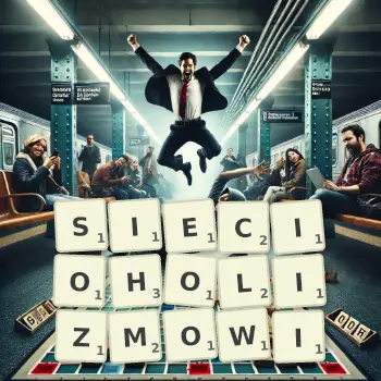 Kreatywna ilustracja do gry w Scrabble ze słowem SIECIOHOLIZMOWI ułożonym z płytek na planszy.