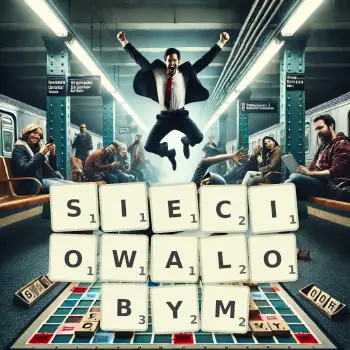 Kreatywna ilustracja do gry w Scrabble ze słowem SIECIOWALOBYM ułożonym z płytek na planszy.