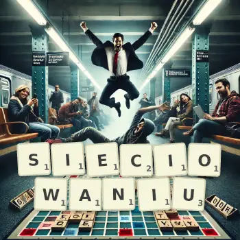 Kreatywna ilustracja do gry w Scrabble ze słowem SIECIOWANIU ułożonym z płytek na planszy.