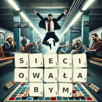 Kreatywna ilustracja do gry w Scrabble ze słowem SIECIOWAŁABYM ułożonym z płytek na planszy.