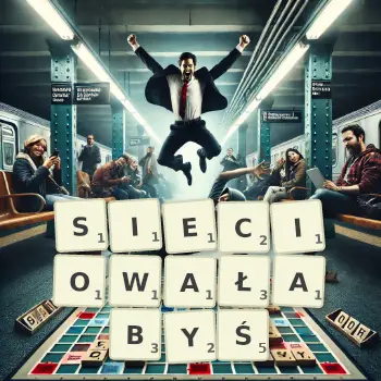 Kreatywna ilustracja do gry w Scrabble ze słowem SIECIOWAŁABYŚ ułożonym z płytek na planszy.