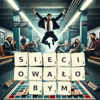 Kreatywna ilustracja do gry w Scrabble ze słowem SIECIOWAŁOBYM ułożonym z płytek na planszy.