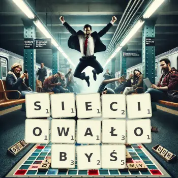 Kreatywna ilustracja do gry w Scrabble ze słowem SIECIOWAŁOBYŚ ułożonym z płytek na planszy.