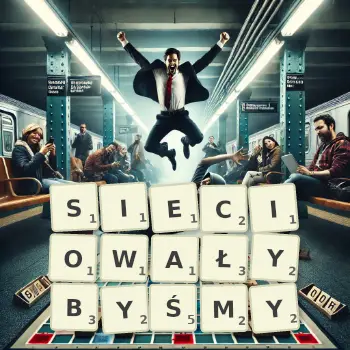 Kreatywna ilustracja do gry w Scrabble ze słowem SIECIOWAŁYBYŚMY ułożonym z płytek na planszy.