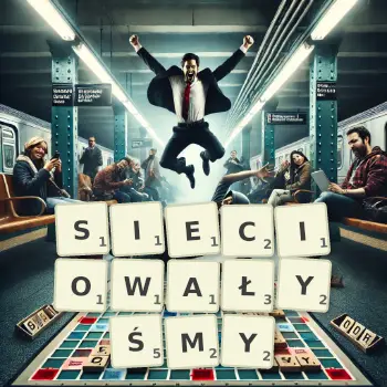 Kreatywna ilustracja do gry w Scrabble ze słowem SIECIOWAŁYŚMY ułożonym z płytek na planszy.