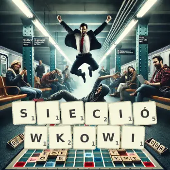 Kreatywna ilustracja do gry w Scrabble ze słowem SIECIÓWKOWI ułożonym z płytek na planszy.