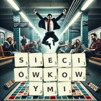 Kreatywna ilustracja do gry w Scrabble ze słowem SIECIÓWKOWYMI ułożonym z płytek na planszy.