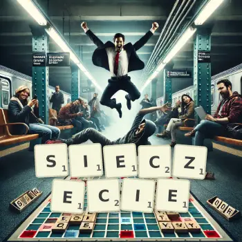 Kreatywna ilustracja do gry w Scrabble ze słowem SIECZECIE ułożonym z płytek na planszy.