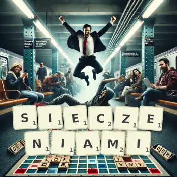 Kreatywna ilustracja do gry w Scrabble ze słowem SIECZENIAMI ułożonym z płytek na planszy.