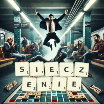 Kreatywna ilustracja do gry w Scrabble ze słowem SIECZENIE ułożonym z płytek na planszy.