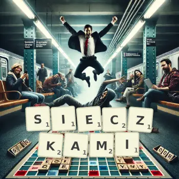 Kreatywna ilustracja do gry w Scrabble ze słowem SIECZKAMI ułożonym z płytek na planszy.