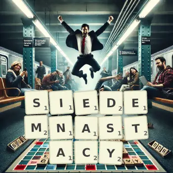 Kreatywna ilustracja do gry w Scrabble ze słowem SIEDEMNASTACY ułożonym z płytek na planszy.