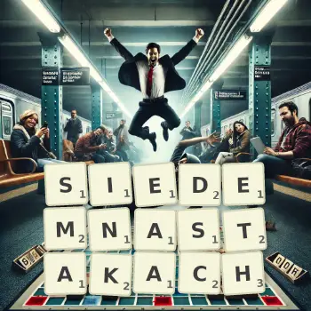 Kreatywna ilustracja do gry w Scrabble ze słowem SIEDEMNASTAKACH ułożonym z płytek na planszy.