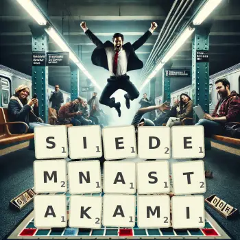 Kreatywna ilustracja do gry w Scrabble ze słowem SIEDEMNASTAKAMI ułożonym z płytek na planszy.