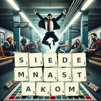 Kreatywna ilustracja do gry w Scrabble ze słowem SIEDEMNASTAKOM ułożonym z płytek na planszy.