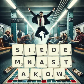 Kreatywna ilustracja do gry w Scrabble ze słowem SIEDEMNASTAKOW ułożonym z płytek na planszy.