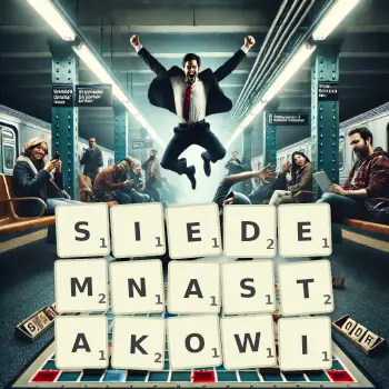 Kreatywna ilustracja do gry w Scrabble ze słowem SIEDEMNASTAKOWI ułożonym z płytek na planszy.