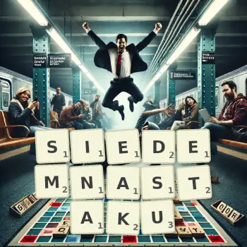 Kreatywna ilustracja do gry w Scrabble ze słowem SIEDEMNASTAKU ułożonym z płytek na planszy.