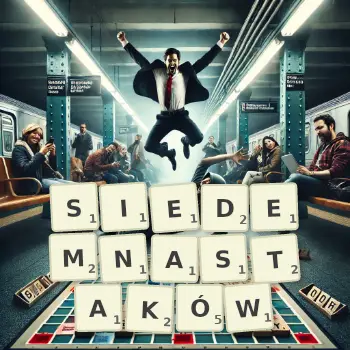 Kreatywna ilustracja do gry w Scrabble ze słowem SIEDEMNASTAKÓW ułożonym z płytek na planszy.