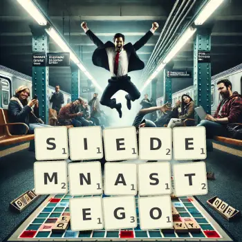 Kreatywna ilustracja do gry w Scrabble ze słowem SIEDEMNASTEGO ułożonym z płytek na planszy.