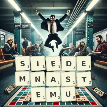 Kreatywna ilustracja do gry w Scrabble ze słowem SIEDEMNASTEMU ułożonym z płytek na planszy.