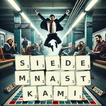 Kreatywna ilustracja do gry w Scrabble ze słowem SIEDEMNASTKAMI ułożonym z płytek na planszy.