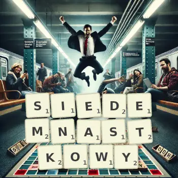 Kreatywna ilustracja do gry w Scrabble ze słowem SIEDEMNASTKOWY ułożonym z płytek na planszy.