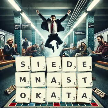 Kreatywna ilustracja do gry w Scrabble ze słowem SIEDEMNASTOKATA ułożonym z płytek na planszy.