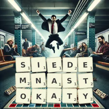 Kreatywna ilustracja do gry w Scrabble ze słowem SIEDEMNASTOKATY ułożonym z płytek na planszy.