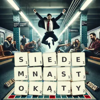 Kreatywna ilustracja do gry w Scrabble ze słowem SIEDEMNASTOKĄTY ułożonym z płytek na planszy.