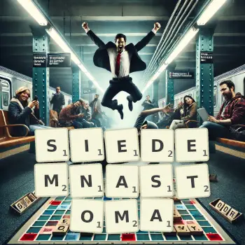 Kreatywna ilustracja do gry w Scrabble ze słowem SIEDEMNASTOMA ułożonym z płytek na planszy.