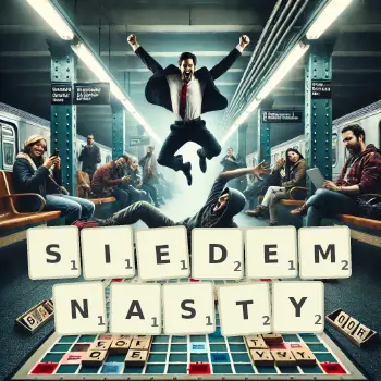 Kreatywna ilustracja do gry w Scrabble ze słowem SIEDEMNASTY ułożonym z płytek na planszy.