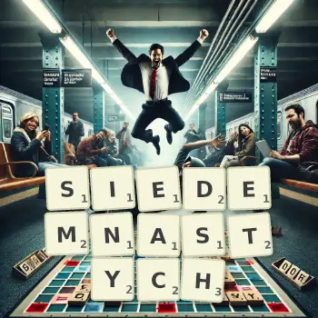 Kreatywna ilustracja do gry w Scrabble ze słowem SIEDEMNASTYCH ułożonym z płytek na planszy.