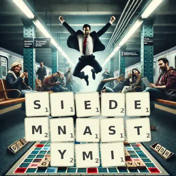 Kreatywna ilustracja do gry w Scrabble ze słowem SIEDEMNASTYMI ułożonym z płytek na planszy.