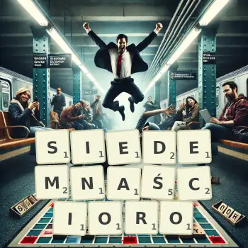 Kreatywna ilustracja do gry w Scrabble ze słowem SIEDEMNAŚCIORO ułożonym z płytek na planszy.