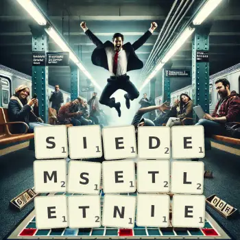 Kreatywna ilustracja do gry w Scrabble ze słowem SIEDEMSETLETNIE ułożonym z płytek na planszy.