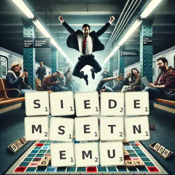 Kreatywna ilustracja do gry w Scrabble ze słowem SIEDEMSETNEMU ułożonym z płytek na planszy.