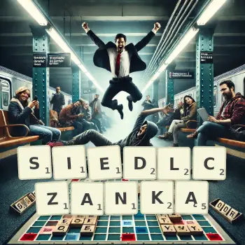 Kreatywna ilustracja do gry w Scrabble ze słowem SIEDLCZANKĄ ułożonym z płytek na planszy.