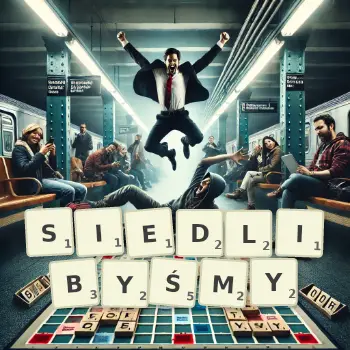 Kreatywna ilustracja do gry w Scrabble ze słowem SIEDLIBYŚMY ułożonym z płytek na planszy.