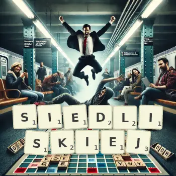 Kreatywna ilustracja do gry w Scrabble ze słowem SIEDLISKIEJ ułożonym z płytek na planszy.