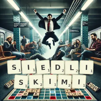 Kreatywna ilustracja do gry w Scrabble ze słowem SIEDLISKIMI ułożonym z płytek na planszy.