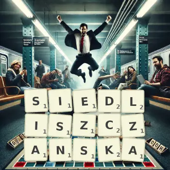 Kreatywna ilustracja do gry w Scrabble ze słowem SIEDLISZCZANSKA ułożonym z płytek na planszy.